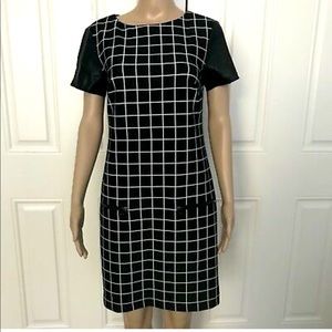 Donna Morgan windowpane black plaid sheath dress, knee length.